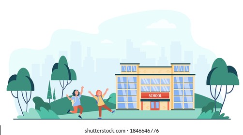 Happy kids running outside near school isolated flat vector illustration. Cartoon children going along road to school entrance. Education and childhood concept