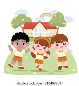 Happy kids running outside near school isolated flat vector illustration