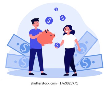 Happy Kids Saving Money. Children With Piggy Bank, Cash, Dollar Flat Vector Illustration. Finance Management, Family Budget Concept For Banner, Website Design Or Landing Web Page