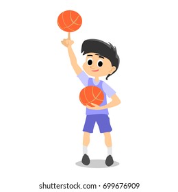 happy kids school activity, child sport team, boy have fun and play with ball on basketball field on stadium, isolated active game background vector illustration