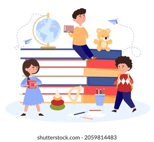 Happy Kids In School. Boy With Backpack Is Going To Study, Girl With Cube, Child Sitting On Books. Textbooks, Elementary School. Cartoon Flat Vector Illustration Isolated On White Background