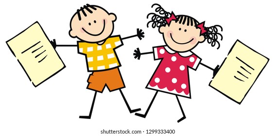 Happy kids with school certificates, vector illustration
