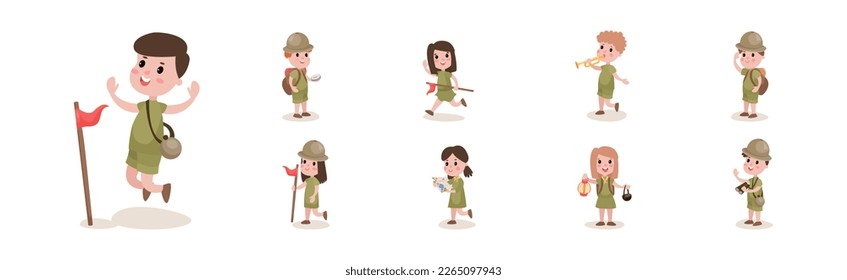 Happy Kids Scout with Flag and Backpack Hiking Enjoying Outdoor Adventure Vector Set