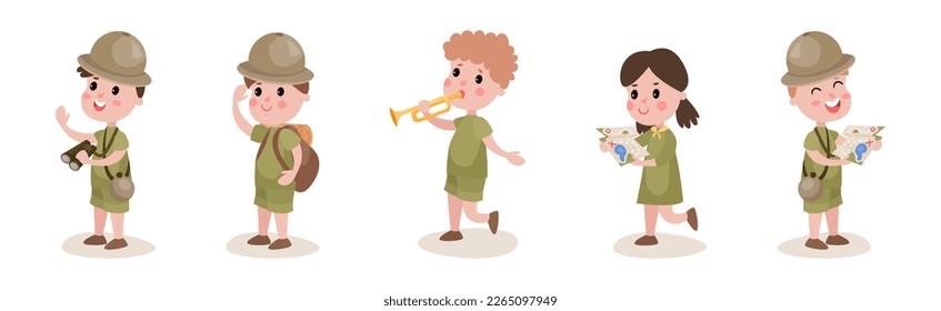 Happy Kids Scout with Map and Backpack Hiking Enjoying Outdoor Adventure Vector Set