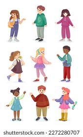 Happy Kids set. Collection of boys and girls, pupils and students. Multicultural children in different poses. International friendship. Cartoon flat vector illustrations isolated on white background