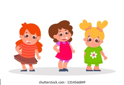 Happy kids set. Three cartoon girls characters isolated on white. Vector Illustration