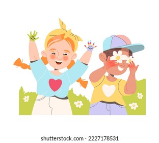 Happy Kids Sharing Positive Vibes with Colored Hands and Meadow Flowers Vector Illustration