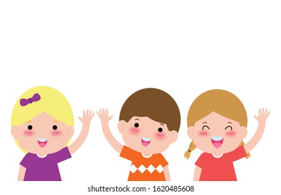 Happy kids shows Hands Up and Waving Hello, children boy and girl hi gesture, Isolated on white background Vector illustration