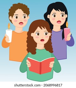 Happy kids singing Christmas carols. Young characters holding a book of songs for Christmas carols. Vector illustration.