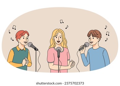 Happy kids singing in microphones at contest in school. Smiling children have fun participating in talent show. Hobby and leisure. Vector illustration.