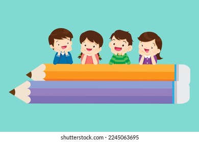 Happy Kids sitting on big pencil.Boy and girls learning or studying.children with Back to School Concept education.Pupils holding textbooks