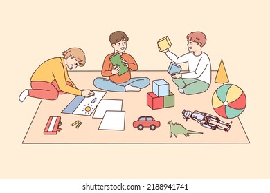 Happy kids sitting on floor playing with toys together. Smiling children have fun enjoy game activity in group. Childhood. Vector illustration. 