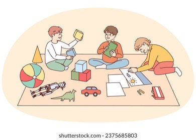 Happy kids sitting on floor playing with toys together. Smiling children have fun enjoy game activity in group. Childhood. Vector illustration.