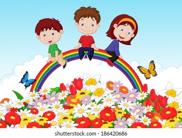 Happy kids sitting on rainbow over flower background