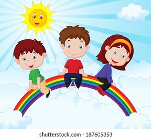 Happy Kids Sitting On Rainbow Stock Vector (Royalty Free) 187605353 ...