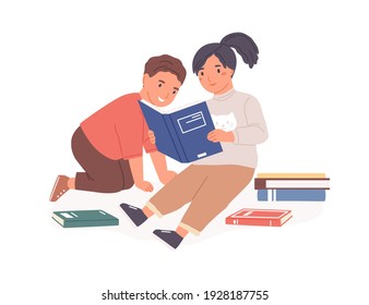 Happy kids sitting and reading books together. Smart children learning from textbooks in library or at home. Colored flat cartoon vector illustration of boy and girl isolated on white background