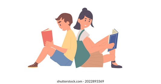Happy kids sitting and reading books together. Smart children learning from textbooks in library or at home. Colored flat cartoon vector illustration of boy and girl isolated on white background
