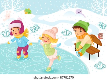 Happy kids skating on the ice.