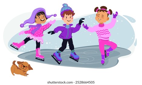 Happy kids skating. Winter outdoor activity. Boy and girls in bright winter clothes. Cute little skaters and a dog. Cartoon children. Hand-drawn flat vector illustration.