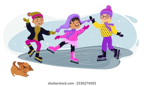 Crianças felizes patinando. Atividades ao ar livre no inverno. Meninos e meninas com roupas brilhantes de inverno. Pequenos patinadores bonitos e um cachorro. Filhos de animação. Ilustração de vetor plana desenhada à mão.