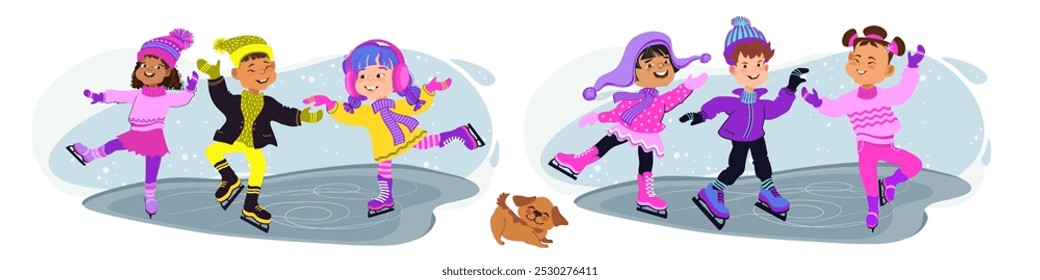 Happy kids skating. Winter outdoor activity. Boy and girls in bright winter clothes. Cute little skaters and a dog. Cartoon children. Hand-drawn flat vector illustration.