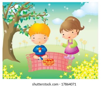 Happy Kids Sketch - with cute young girl and boy on green hill and blue sky background : vector illustration