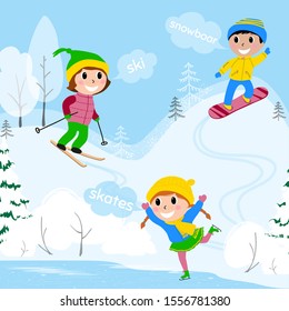 Happy kids skiing, skating and snowboarding. Winter sport activity. Cartoon vector illustration