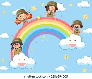 Happy kids in in the sky with rainbow illustration