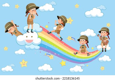 Happy kids in in the sky with rainbow illustration