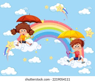 Happy kids in in the sky with rainbow illustration