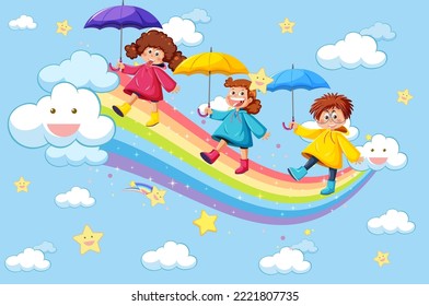 Happy kids in in the sky with rainbow illustration
