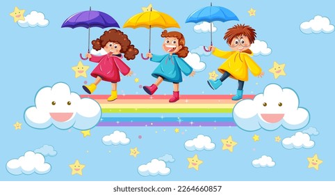 Happy kids in in the sky with rainbow illustration