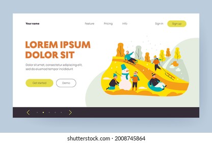 Happy kids sliding from hill on sleds isolated flat vector illustration. Cartoon children having fun and playing outdoors. Winter game activity, holiday and childhood concept