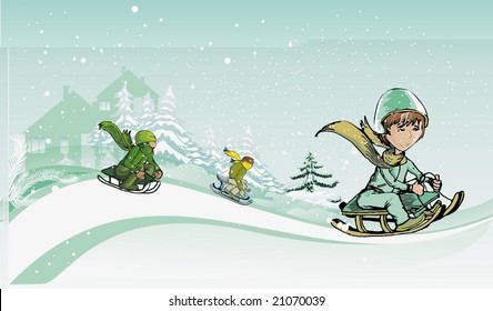 happy kids sliding in the snow with sledge,