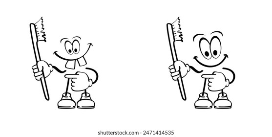 Happy kids smile and toothbrush for hygienic. Tooth stick figures man. oral Bath groovy stickman. Comics types, cartoon mascot boot, shoe, foot and arm positions. Clipart expressions. 