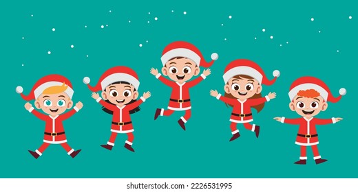 Happy kids smile wearing red Christmas costume vector illustration set