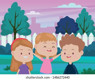Happy kids smiling and playing with friends cartoon in the park over cityscape urban scenery ,vector illustration graphic design.