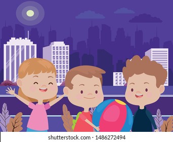 Happy kids smiling and playing with friends and ball cartoon in the park over cityscape urban scenery at night ,vector illustration graphic design.