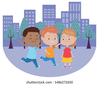 Happy kids smiling and playing with friends cartoon in park at city urban scenery ,vector illustration graphic design.