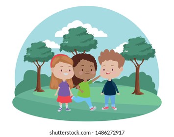 Happy kids smiling and playing with friends cartoon in the nature park scenery ,vector illustration graphic design.