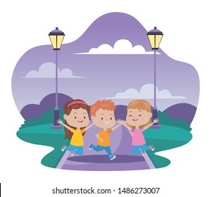 Happy kids smiling and playing with friends cartoon in the nature park scenery ,vector illustration graphic design.