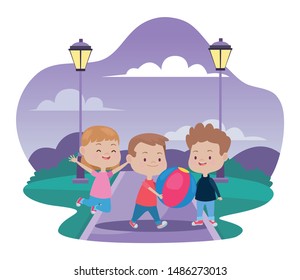 Happy kids smiling and playing with friends and ball cartoon in the nature park scenery ,vector illustration graphic design.
