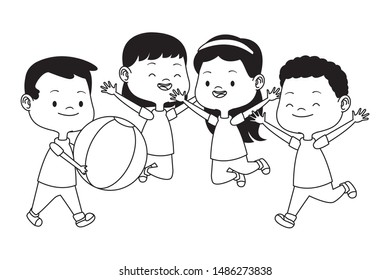 Happy kids smiling and playing with friends and ball cartoon vector illustration graphic design.