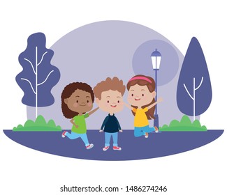 Happy kids smiling and playing with friends cartoon in the nature park scenery ,vector illustration graphic design.