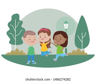 Happy kids smiling and playing with friends cartoon in the nature park scenery ,vector illustration graphic design.
