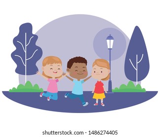 Happy kids smiling and playing with friends cartoon in the nature park scenery ,vector illustration graphic design.