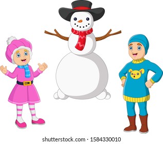 Happy kids with a snowman