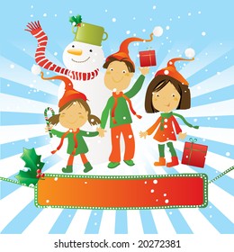 happy kids with snowman celebrating a winter day. And a nice seasonal banner for your text.