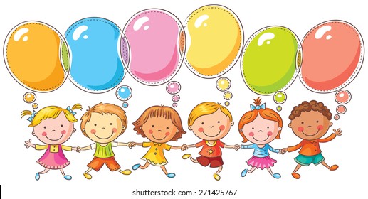 Happy kids with speech bubbles with copy space, no gradients, isolated on white