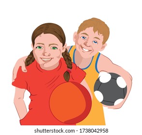Happy kids in sport clothes holding balls. Football, basketball. Vector